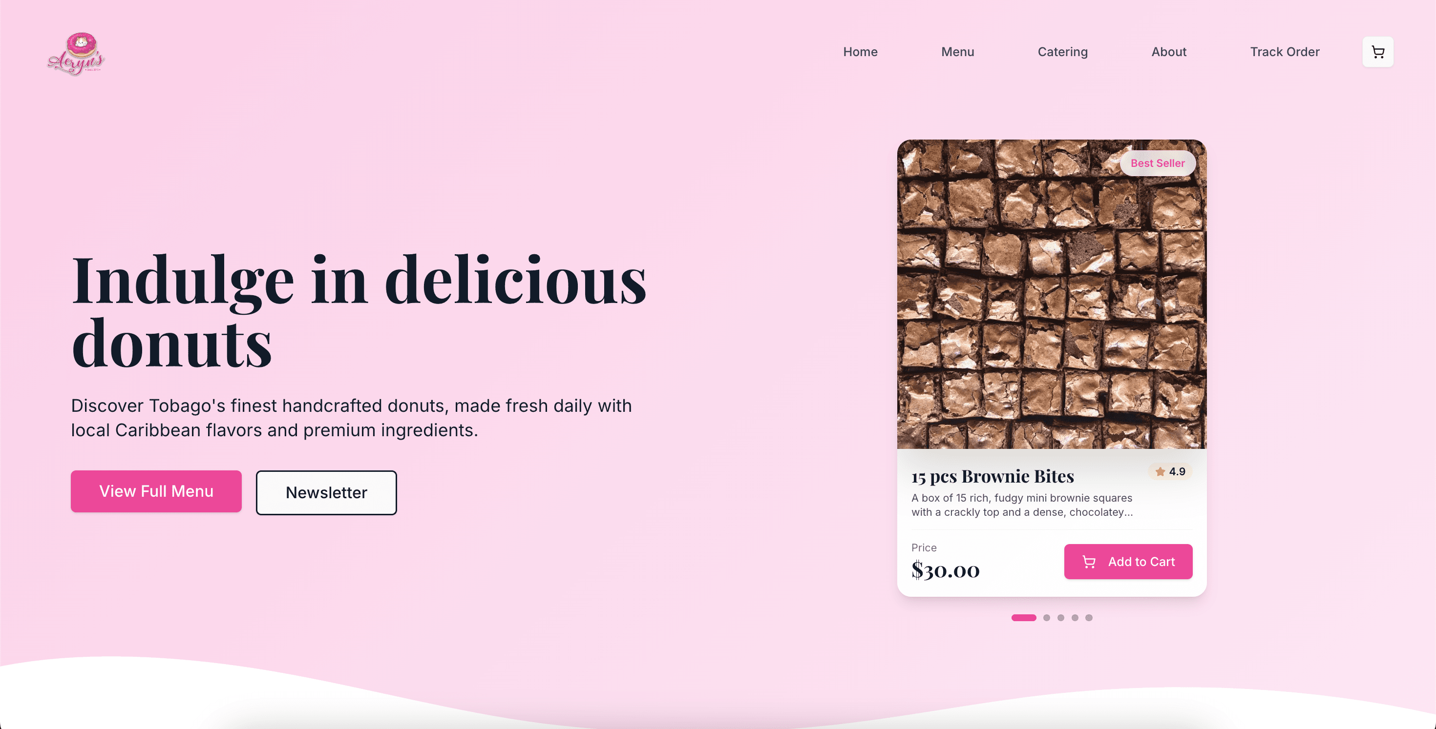 Aeryns Donuts homepage with menu and ordering