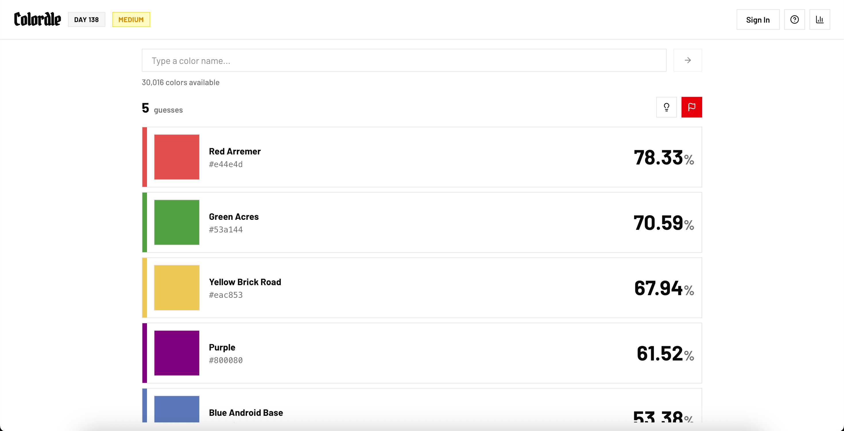 Colordle gameplay showing color guesses with similarity percentages