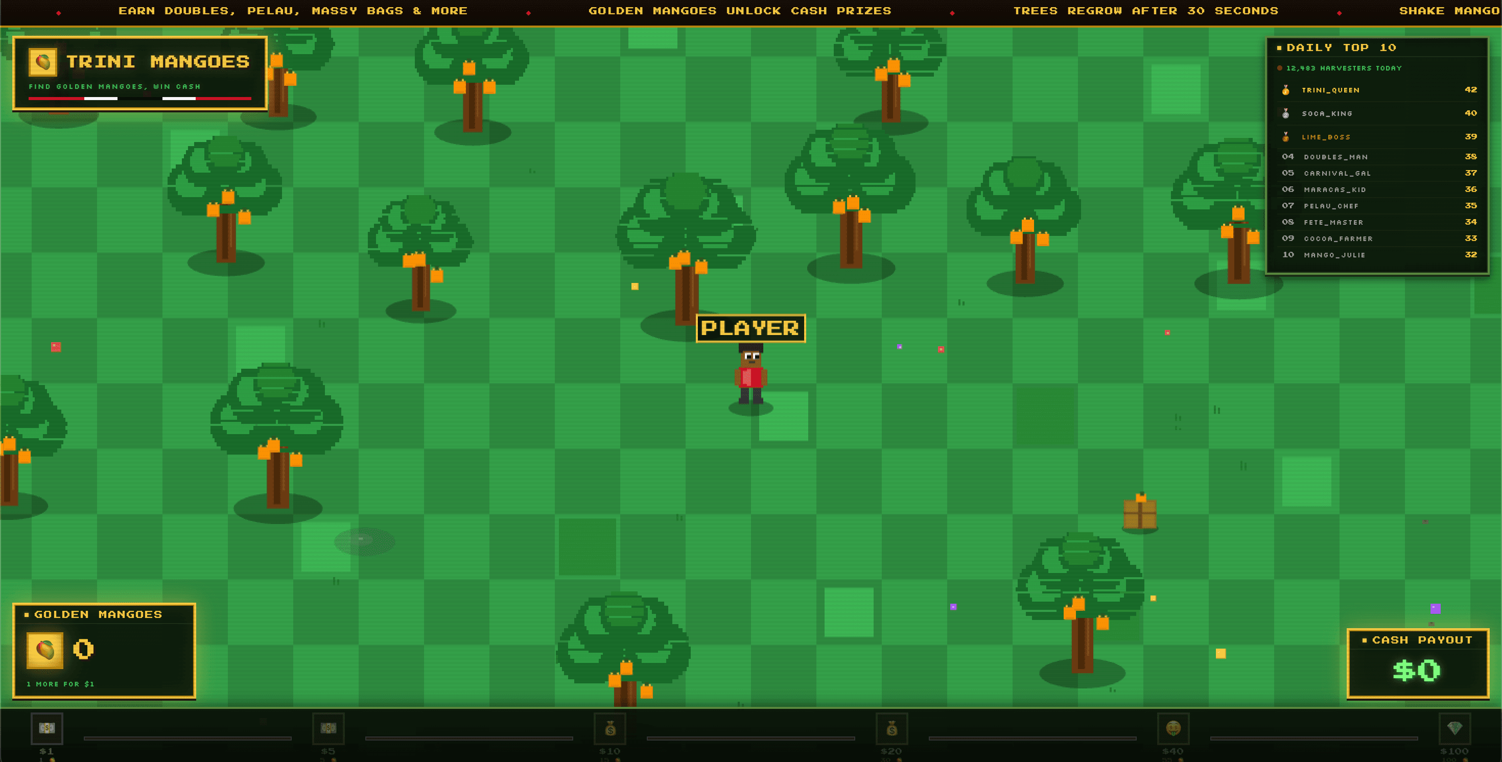 Trini Mangoes gameplay showing the mango catching field